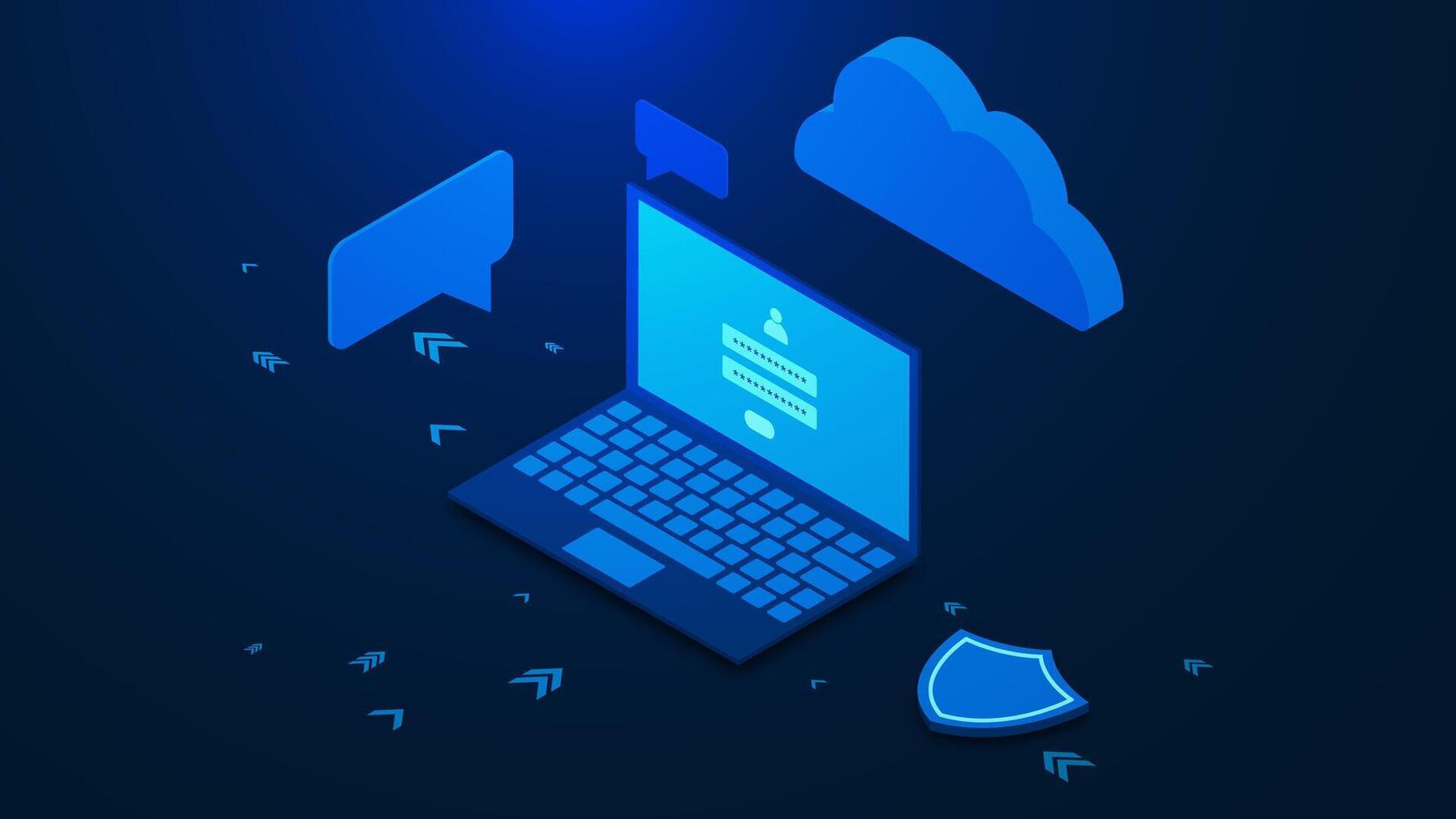 Data protection website concept with laptop, personal password, cloud, shield and chat bubble in isometric style vector