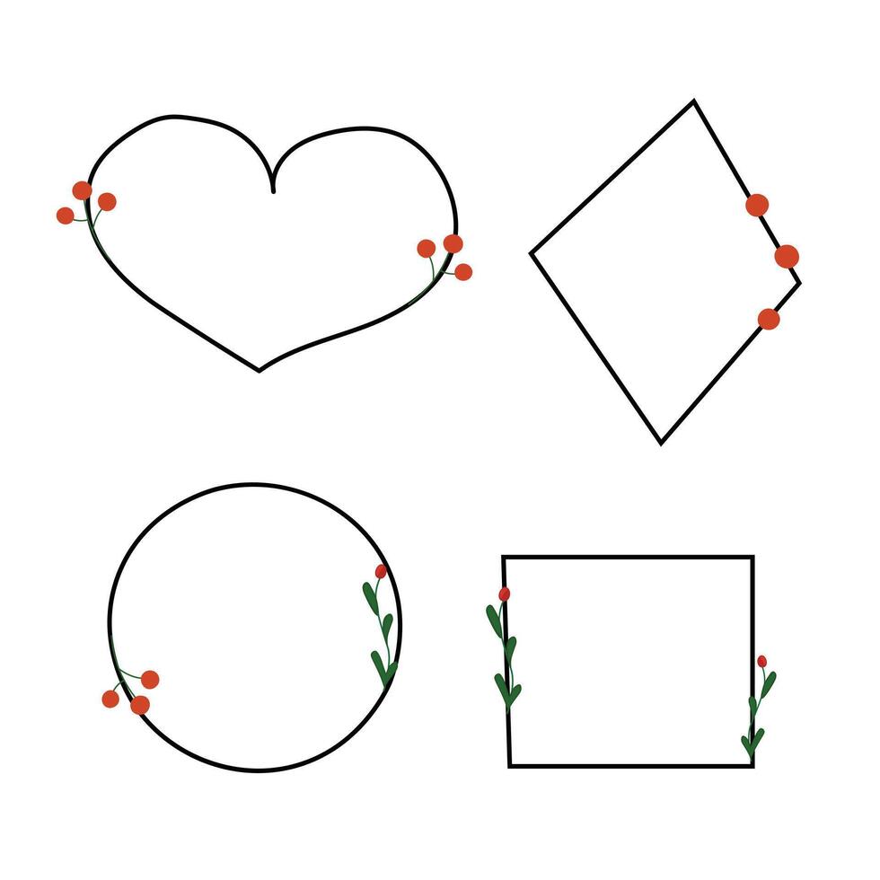 Illustration of simple doodle geometric frames with small berry plants. vector