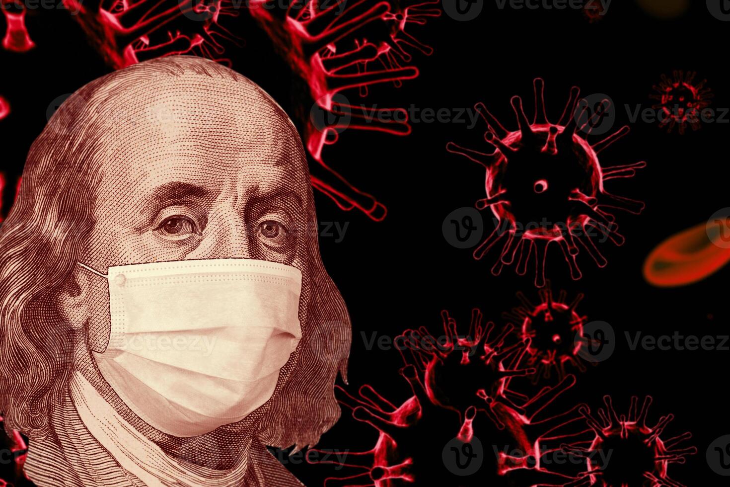 Benjamin Ben Franklin isolated face from 100 dollar banknote with a face mask on covid background photo