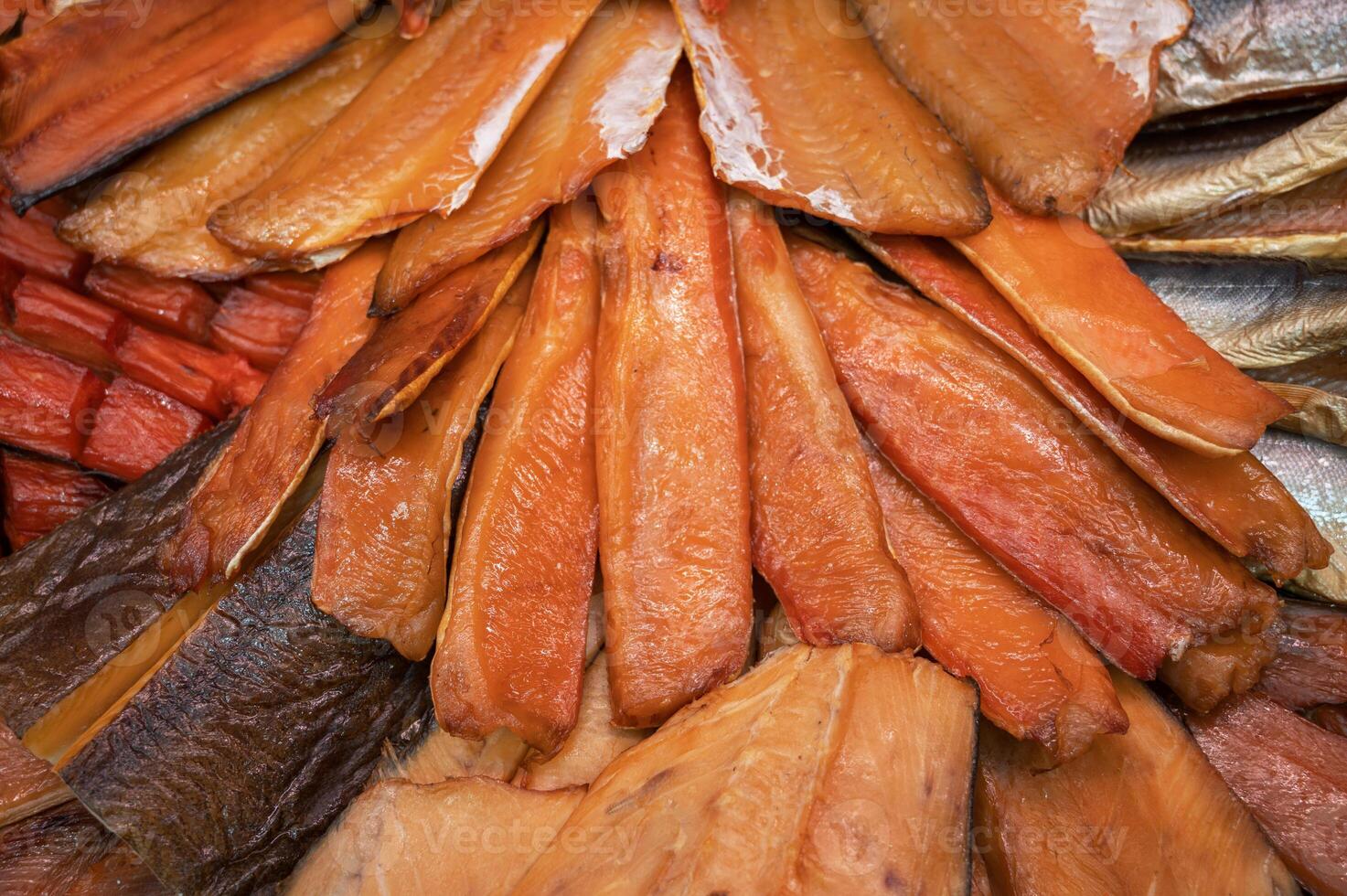 Various smoked fish products photo
