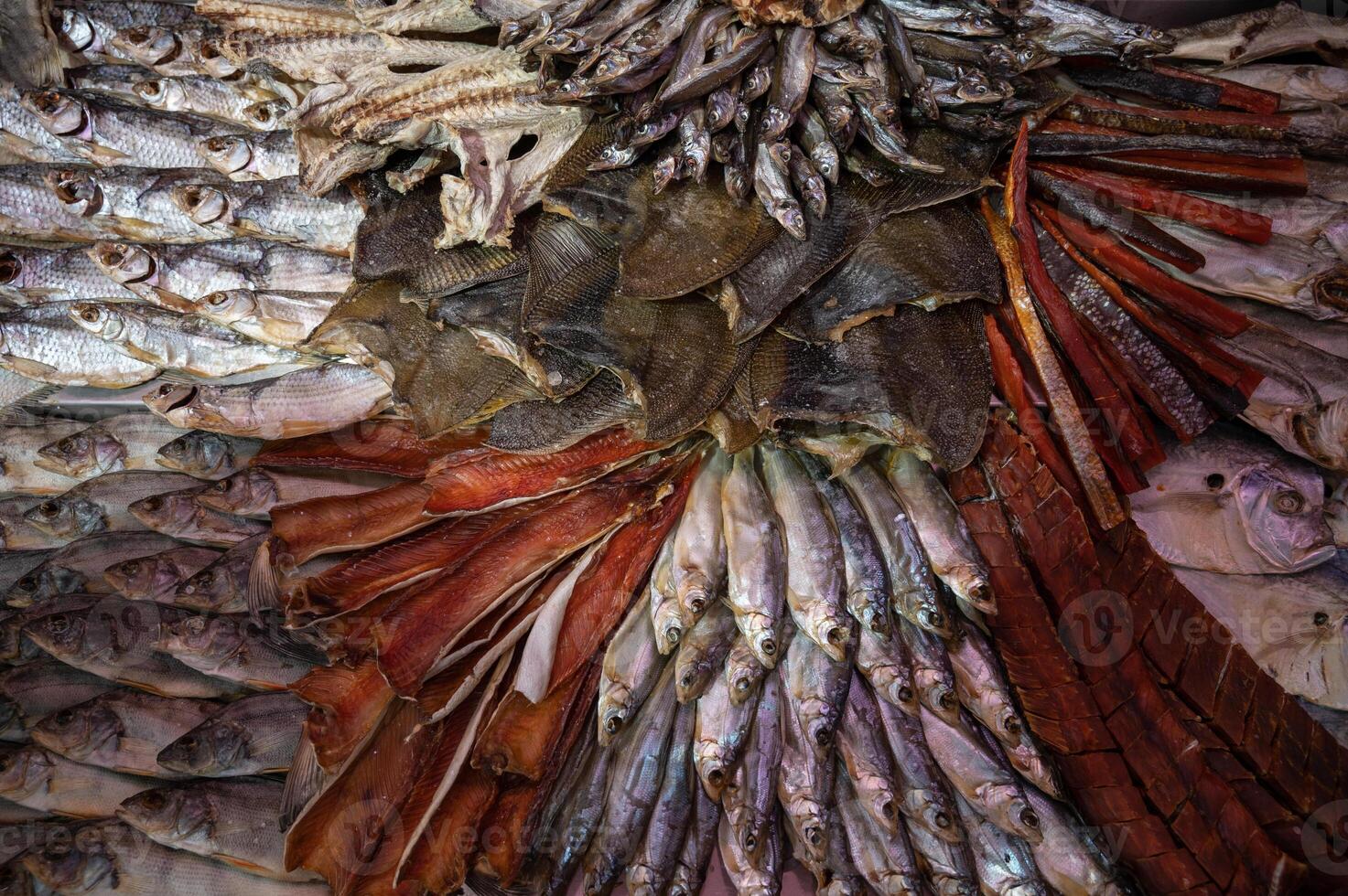 Various smoked fish products photo