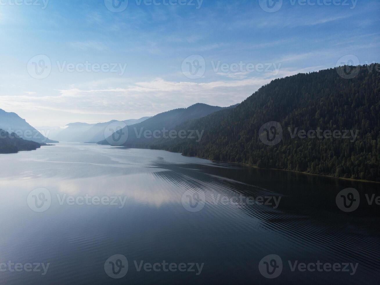 Aerial view on Teletskoye lake in Altai mountains photo