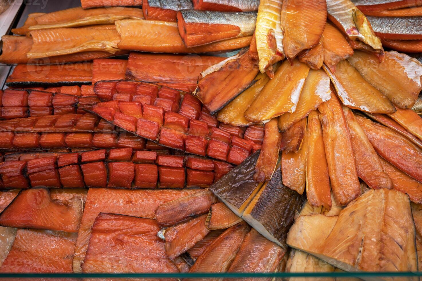 Various smoked fish products photo