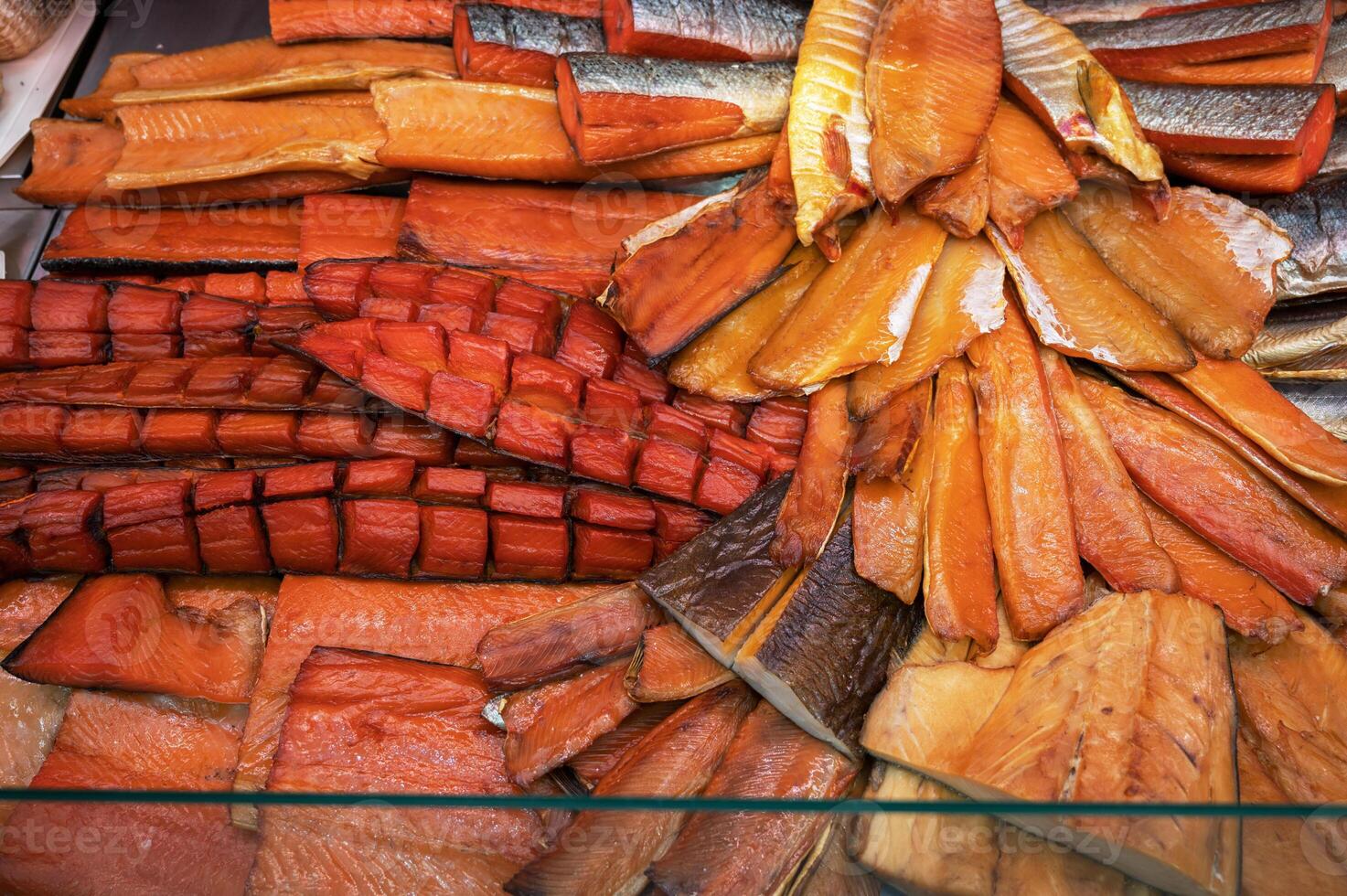 Various smoked fish products photo