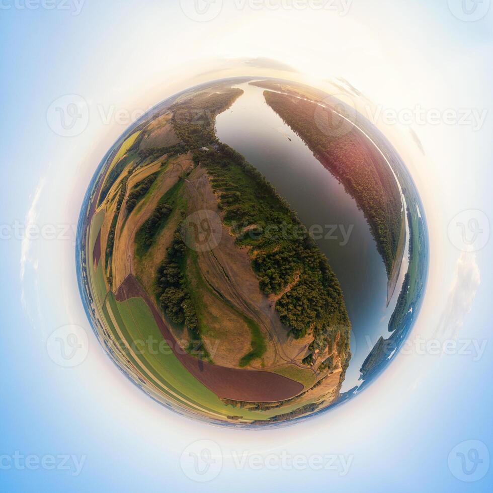 Aerial drone view of river landscape in sunny summer evening photo