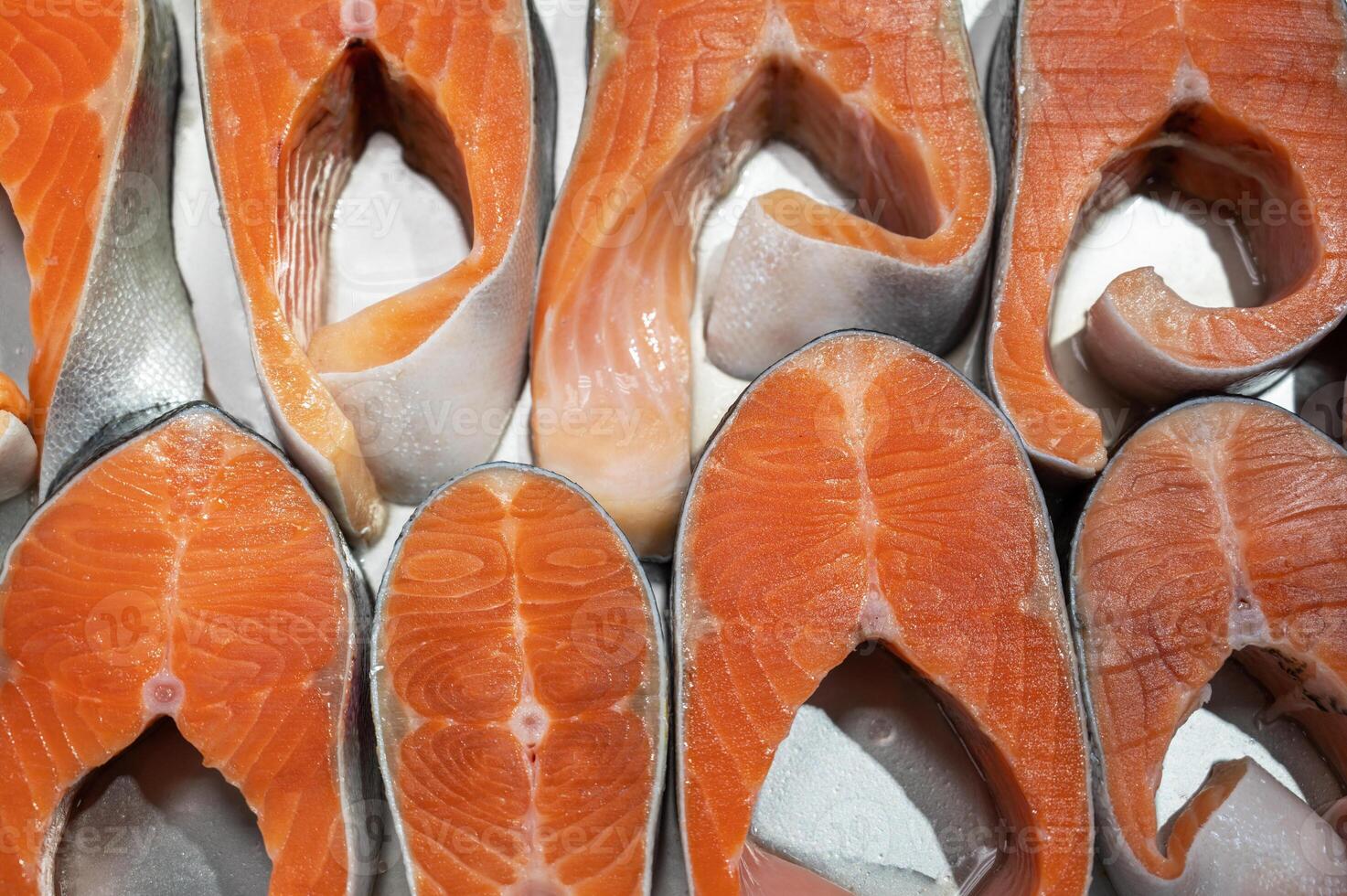 Salmon steaks fish closeup in a market photo