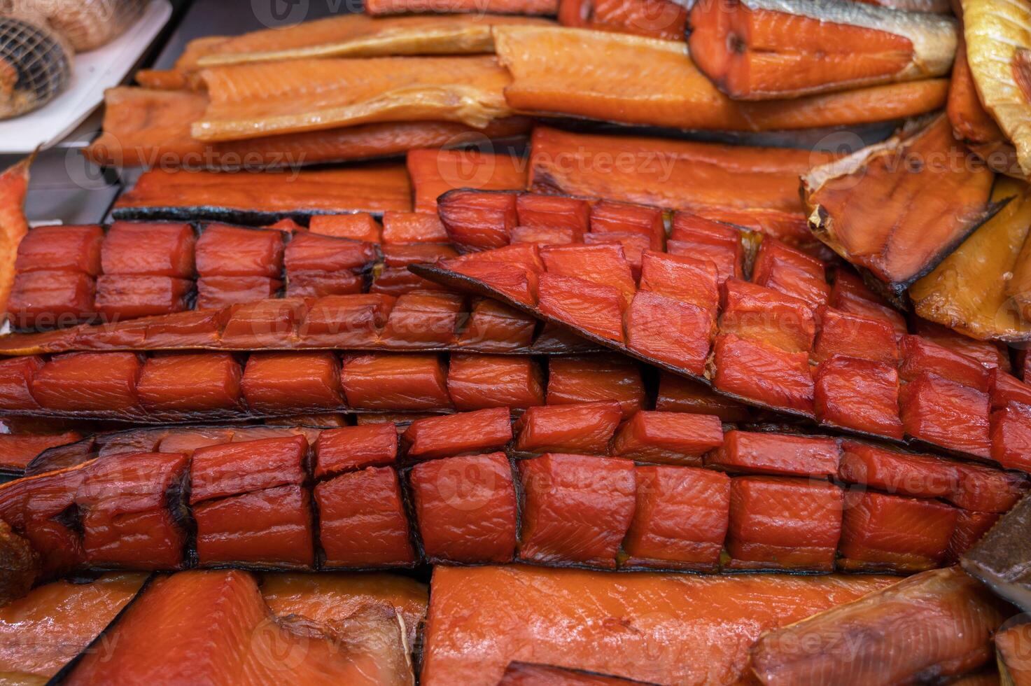 Various smoked fish products photo