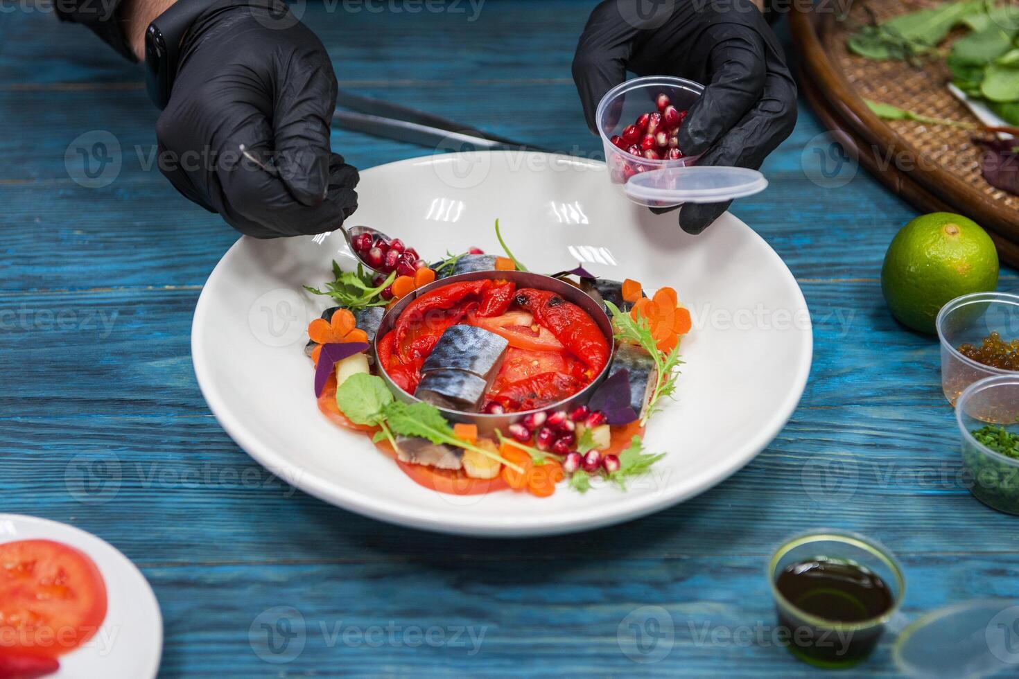 Escabeche fish dish with caviar photo