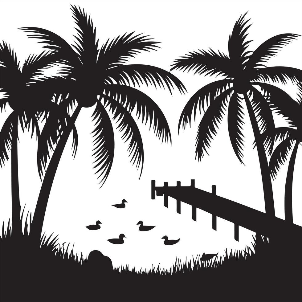 Silhouette of palm trees and a dock with ducks vector