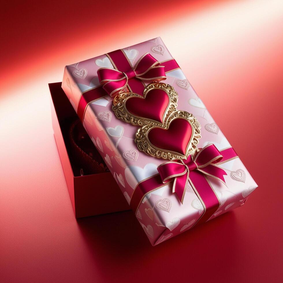 valentine's day gift box background. Realistic red gifts boxes.Open gift box full of decorative festive object. Holiday banner, web poster, flyer, stylish brochure, greeting. photo