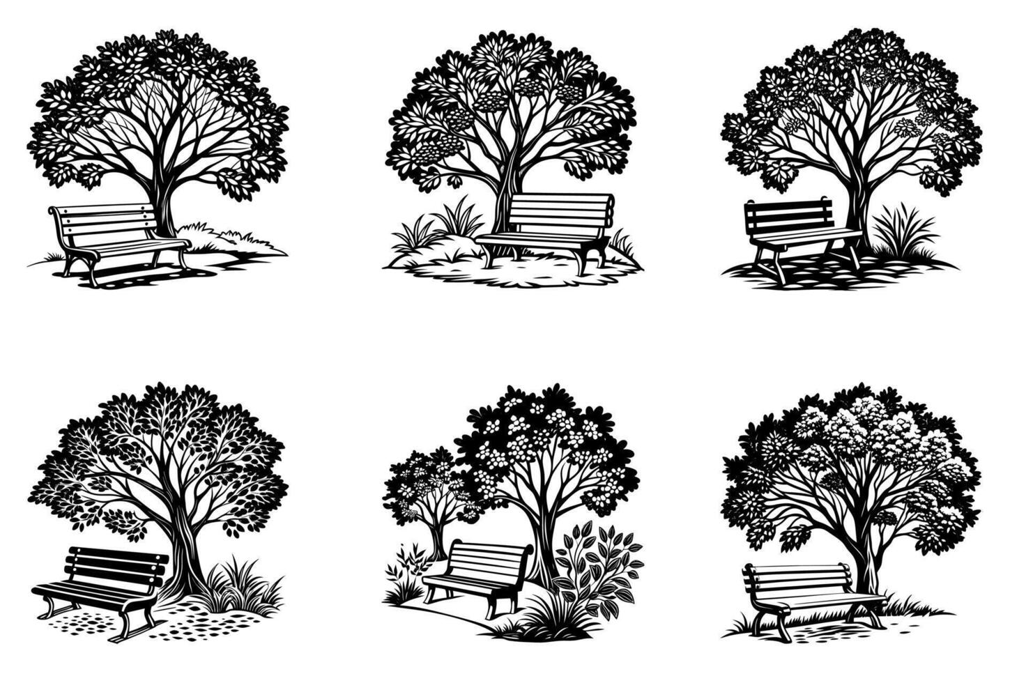 Serene Garden Bench Under a Shady Tree vector