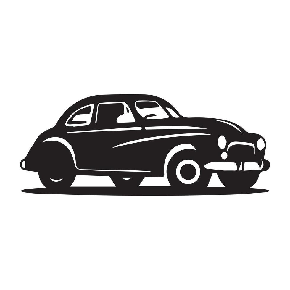 An old car is shown in black and white vector