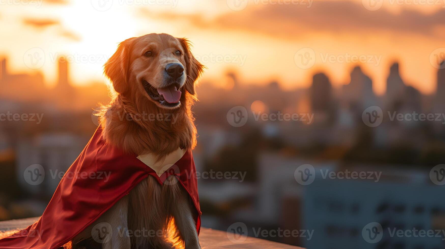 Golden Retriever in Superhero Cape Sitting on Rooftop During Sunset with City Skyline photo