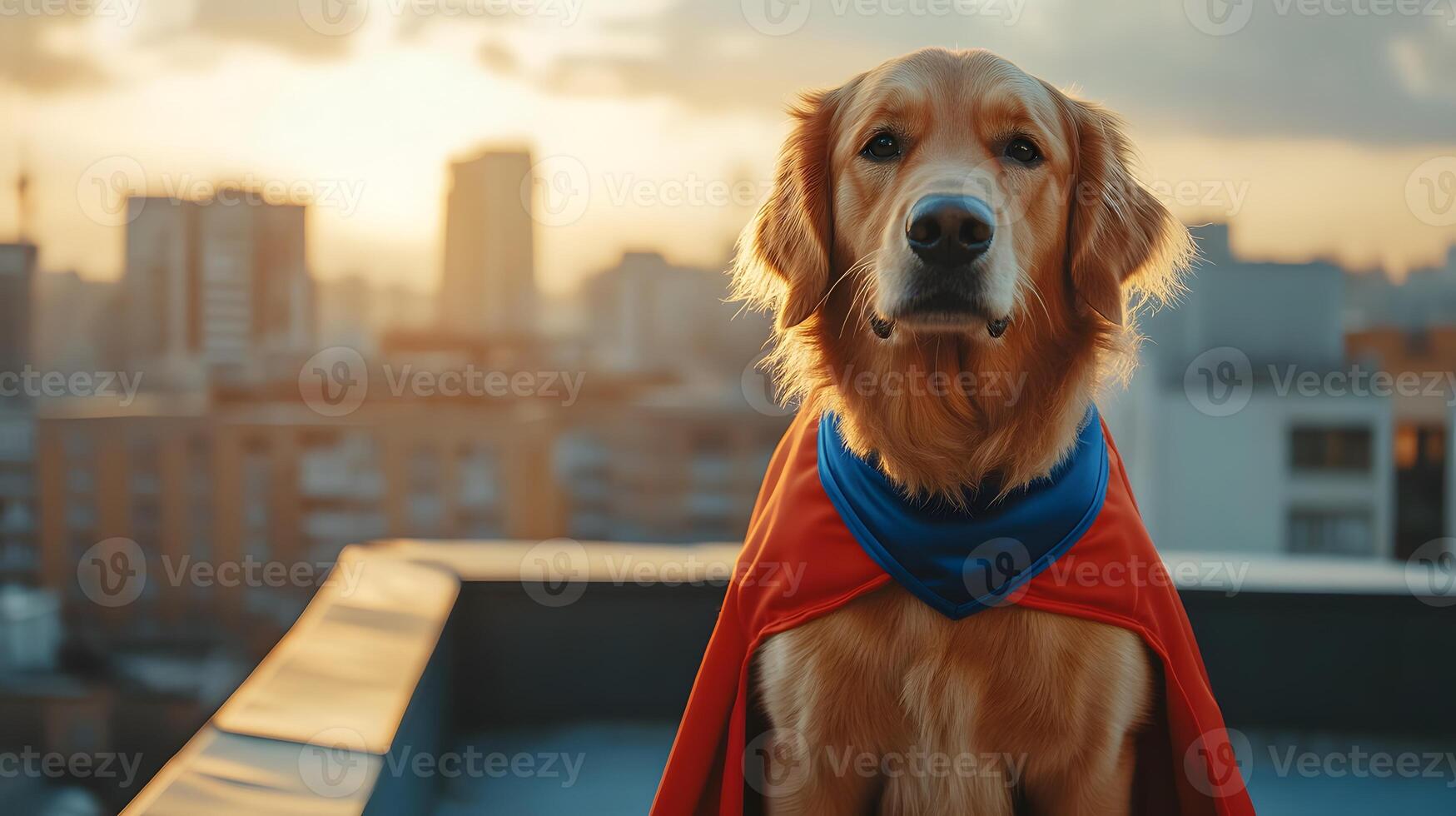 Golden Retriever Dog in Superhero Cape on Rooftop at Sunset with City Skyline photo
