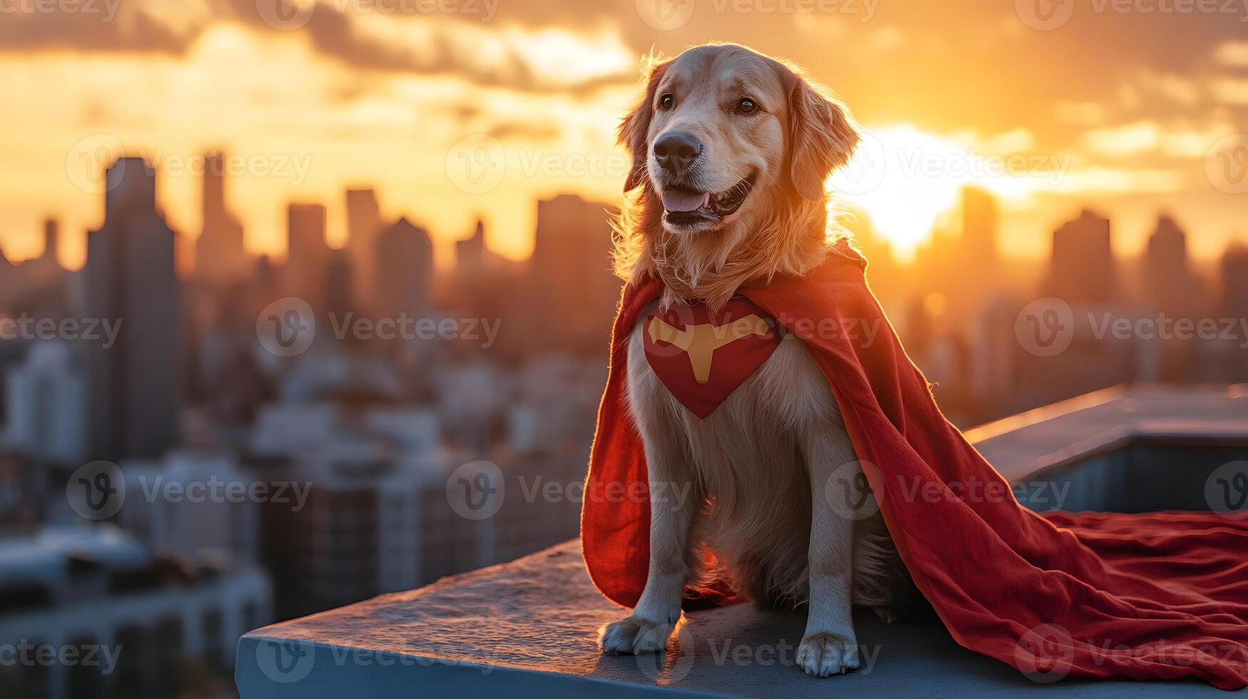 Heroic Golden Retriever in Red Superhero Cape Posing on Rooftop at Sunset with Cityscape photo
