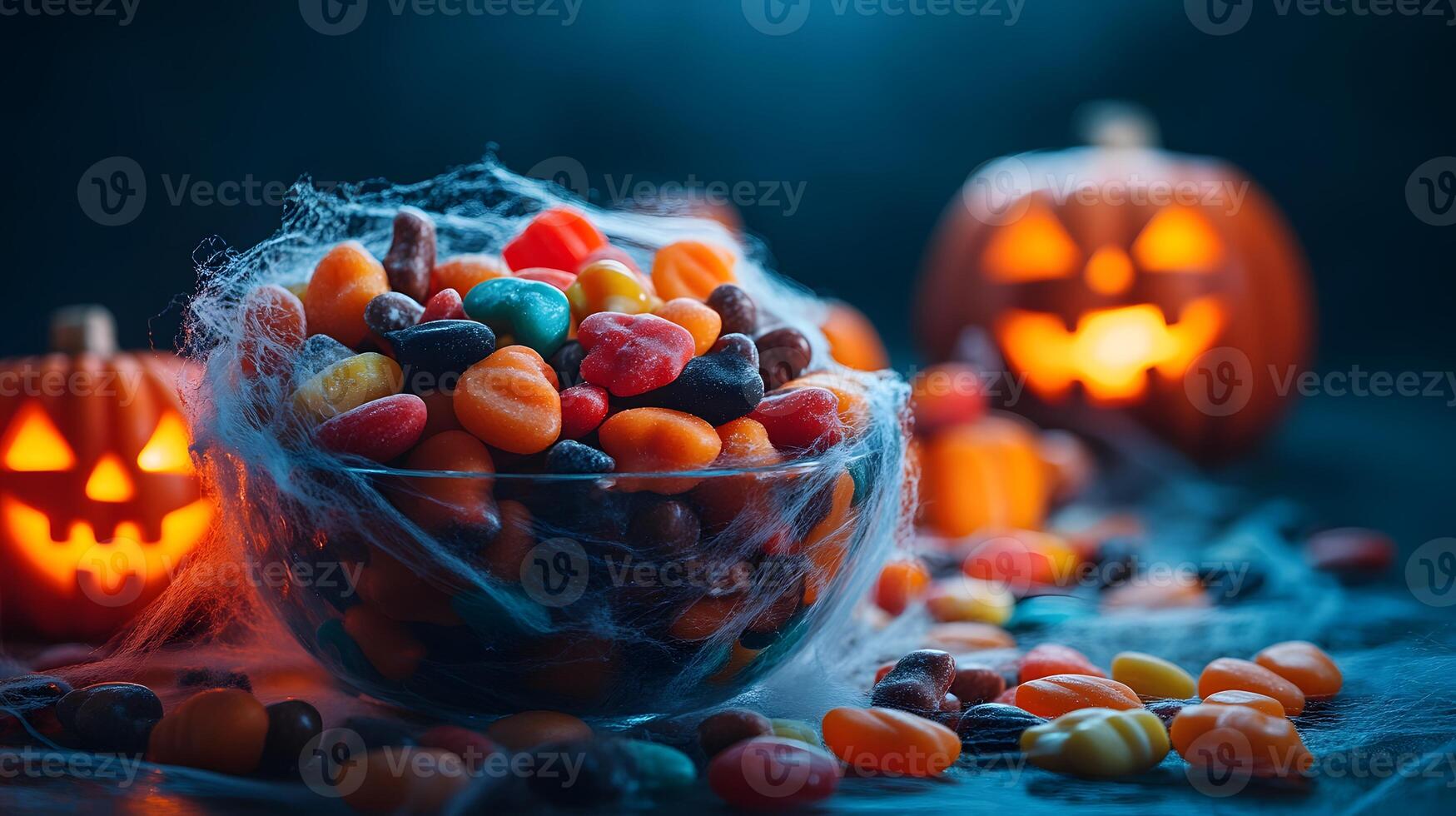 Halloween Candy Bowl Covered in Cobwebs with Jack-o'-Lanterns photo