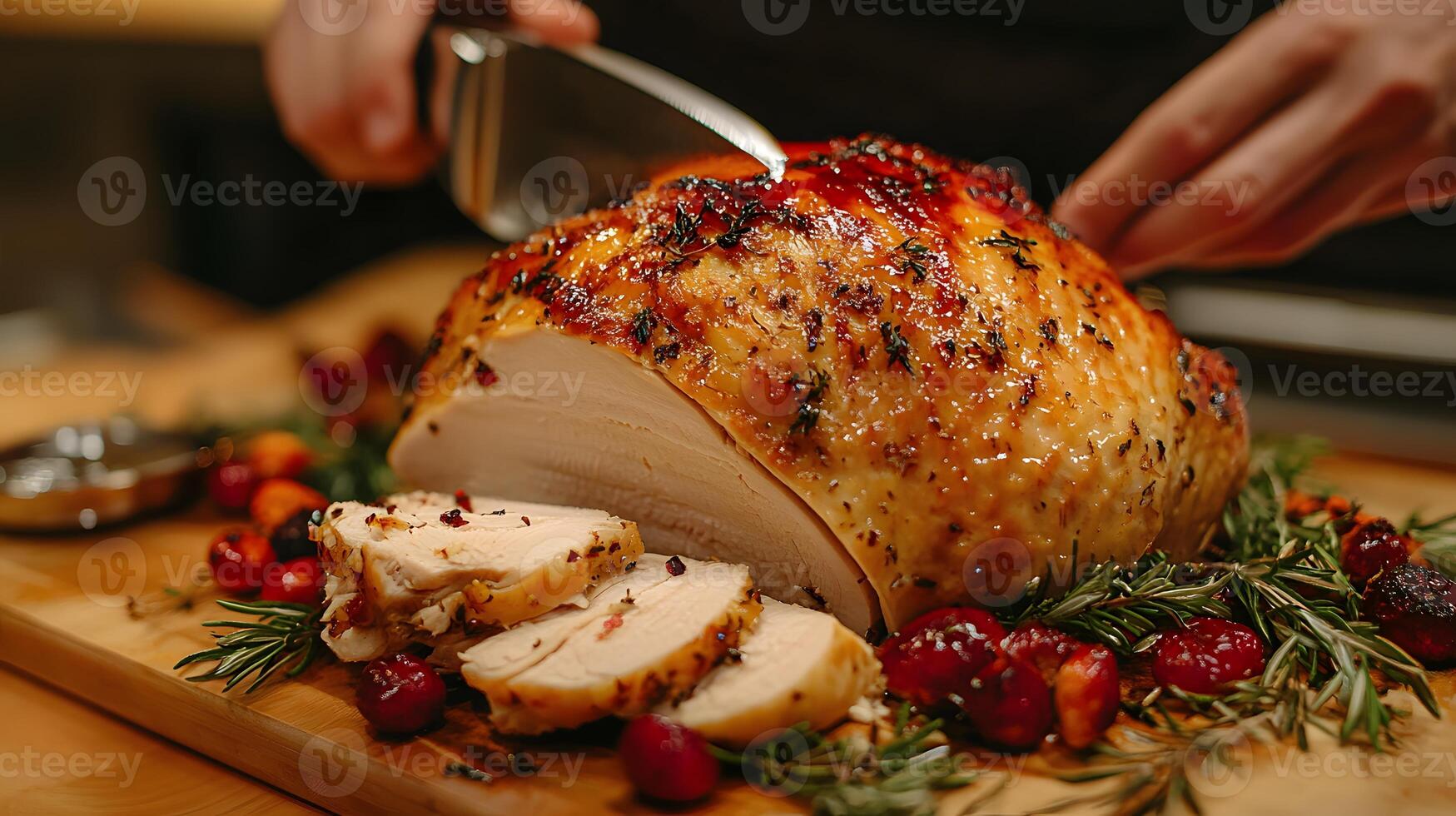 Slicing Juicy Roasted Turkey Breast with Herbs and Cranberries for Thanksgiving photo