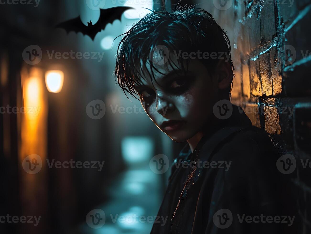 Moody Figure with Intense Makeup in Dark Alley with Bat Silhouette at Night photo