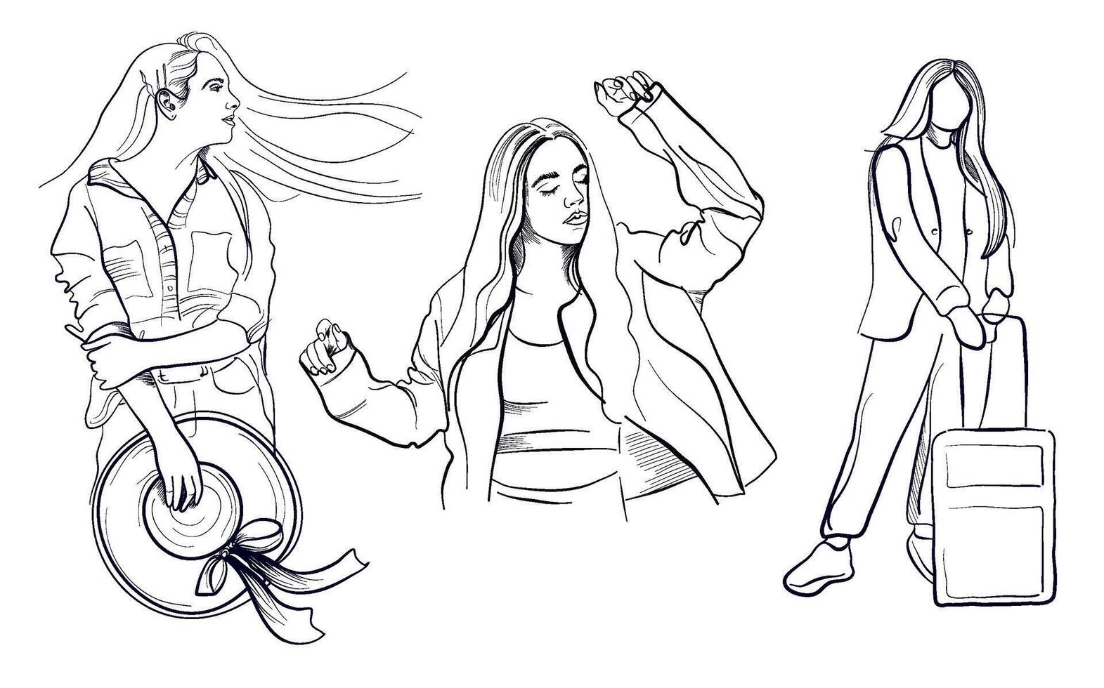 a set of hand-drawn drawings of a girl with a suitcase, a straw hat, dancing, going on a trip vector