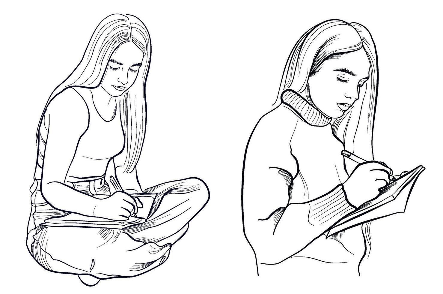 a set of black and white drawings by the hand of a girl writing in a notebook, diary with a pen illustration vector