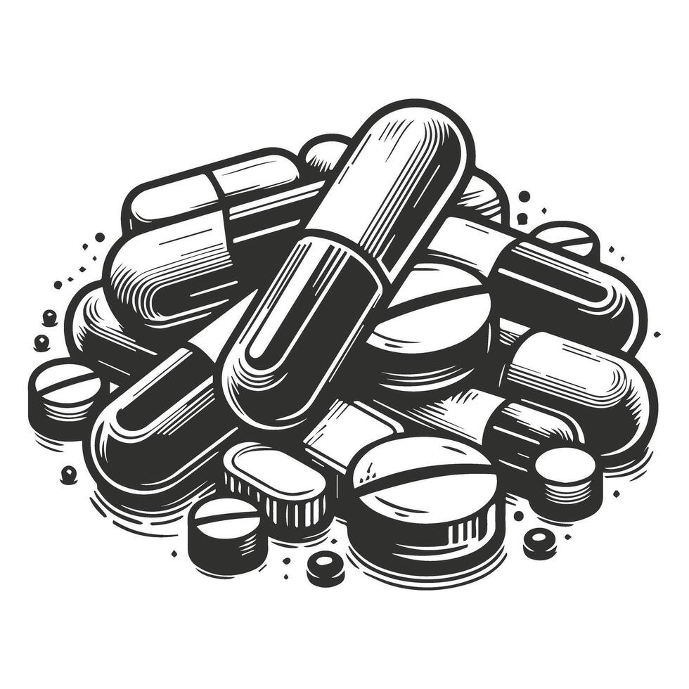 Capsules and Tablets Black and White Illustration vector