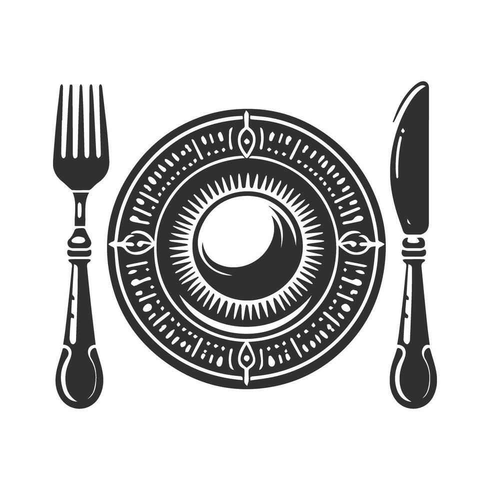 A Black And White Plate With A Knife And Fork. vector