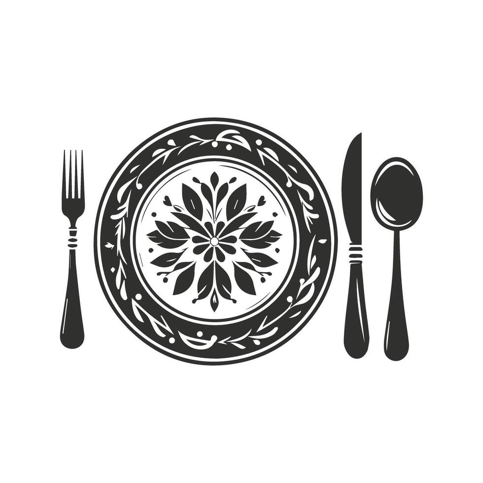 Classic Dining Black and White Plate with Knife and Fork vector