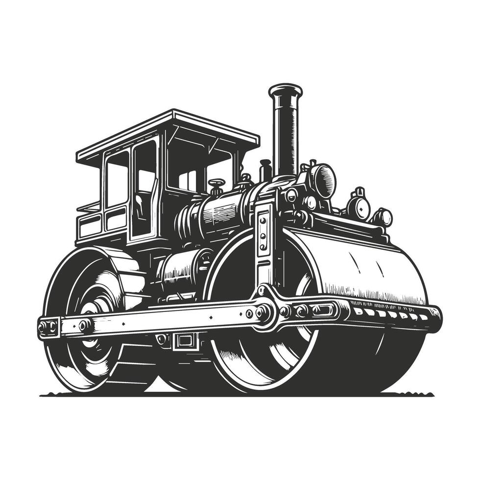 Monochrome style of color steamroller on white background. vector