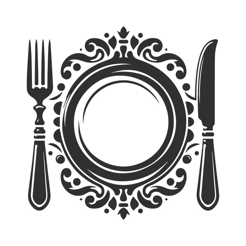 Black and White Plate, Knife, and Fork vector