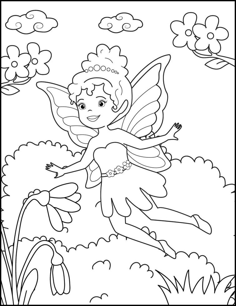Coloring Page of a Fairy with a Mystical Wand for Children's Coloring Book. vector