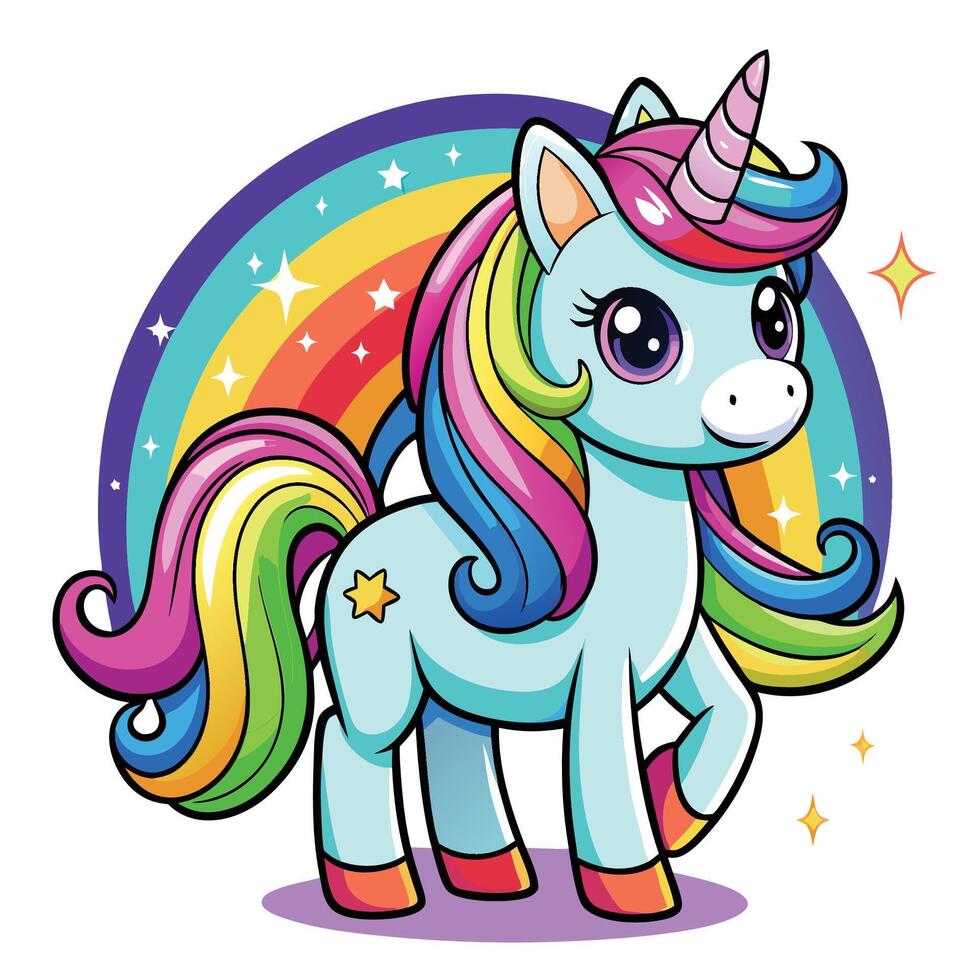 Cute Unicorn Cartoon with rainbow mane and tail. Beautiful Unicorn Cartoon on Background. vector