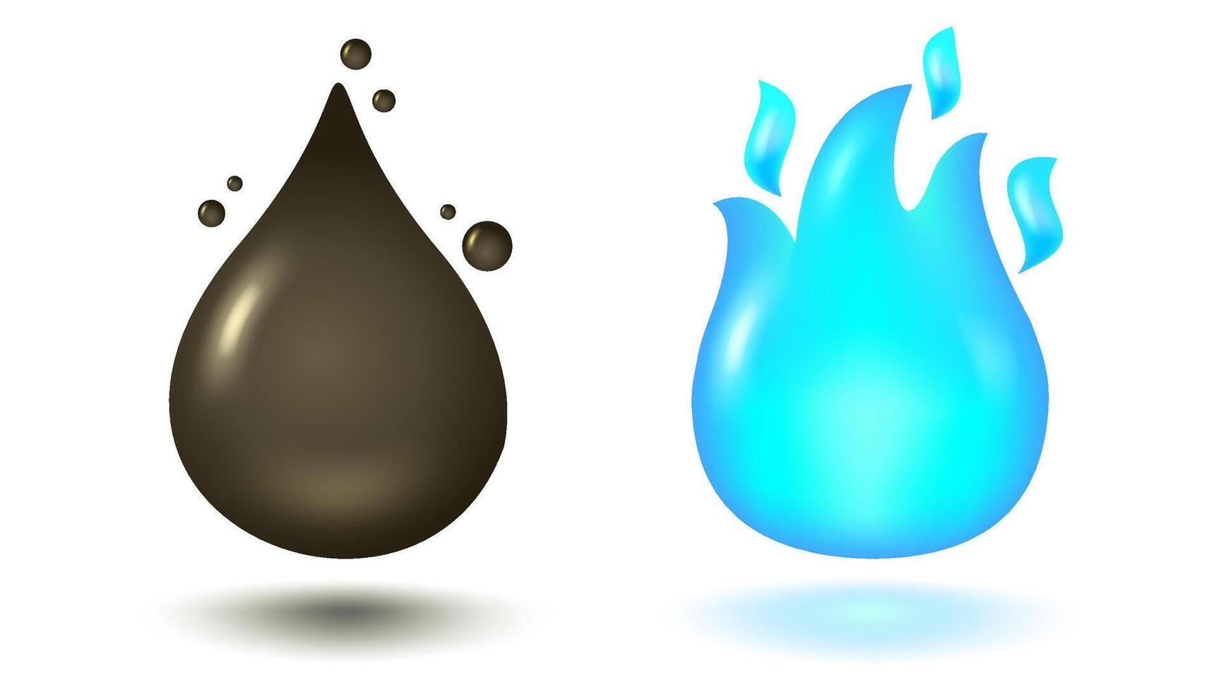Illustration of oil drop and fire of gas in 3D style. Icon of oil drop and blue fire in realistic style. vector