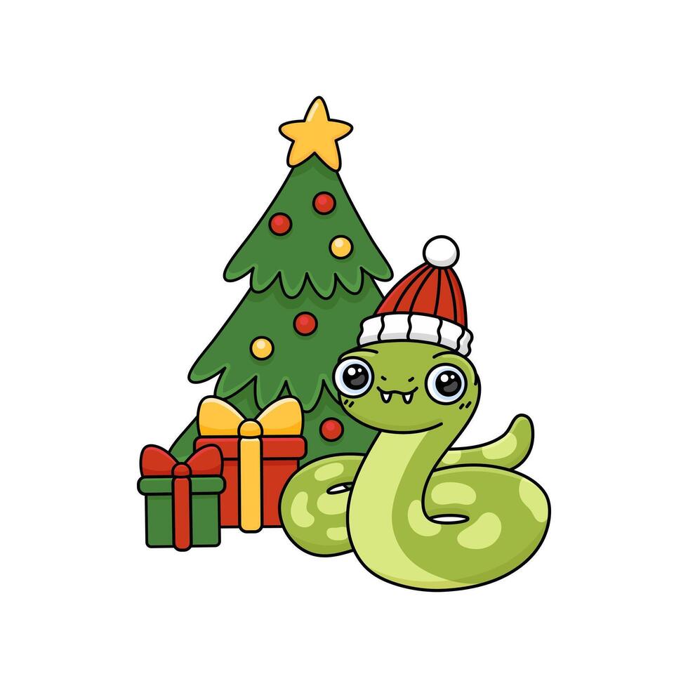 Cartoon funny snake with Christmas tree and gifts in Santa hat. Chinese New Year symbol. Asian lunar animal character vector