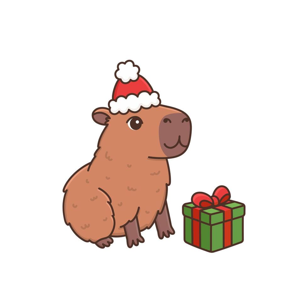 Cute capybara with gift in Santa hat. New Year cartoon funny rodent. Christmas animal character vector