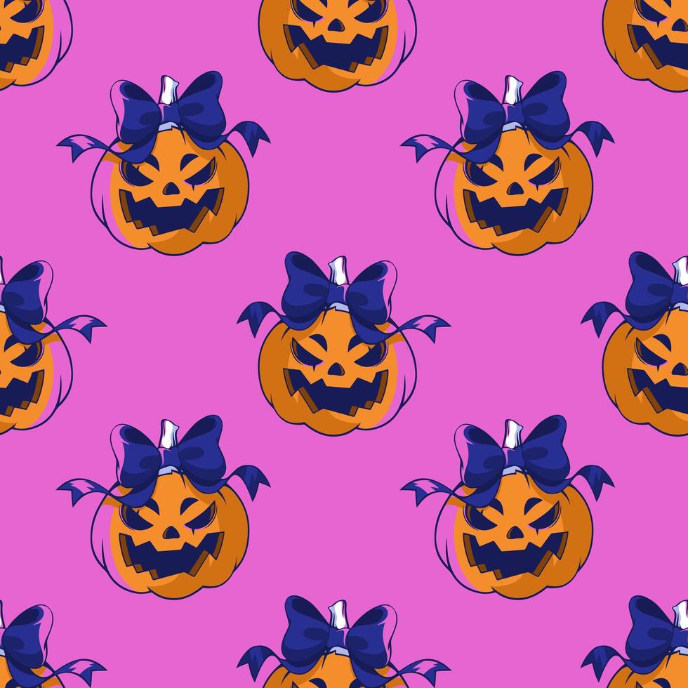 Seamless pattern with jack o lantern pumpkin monsters. Bow on head. Halloween vector