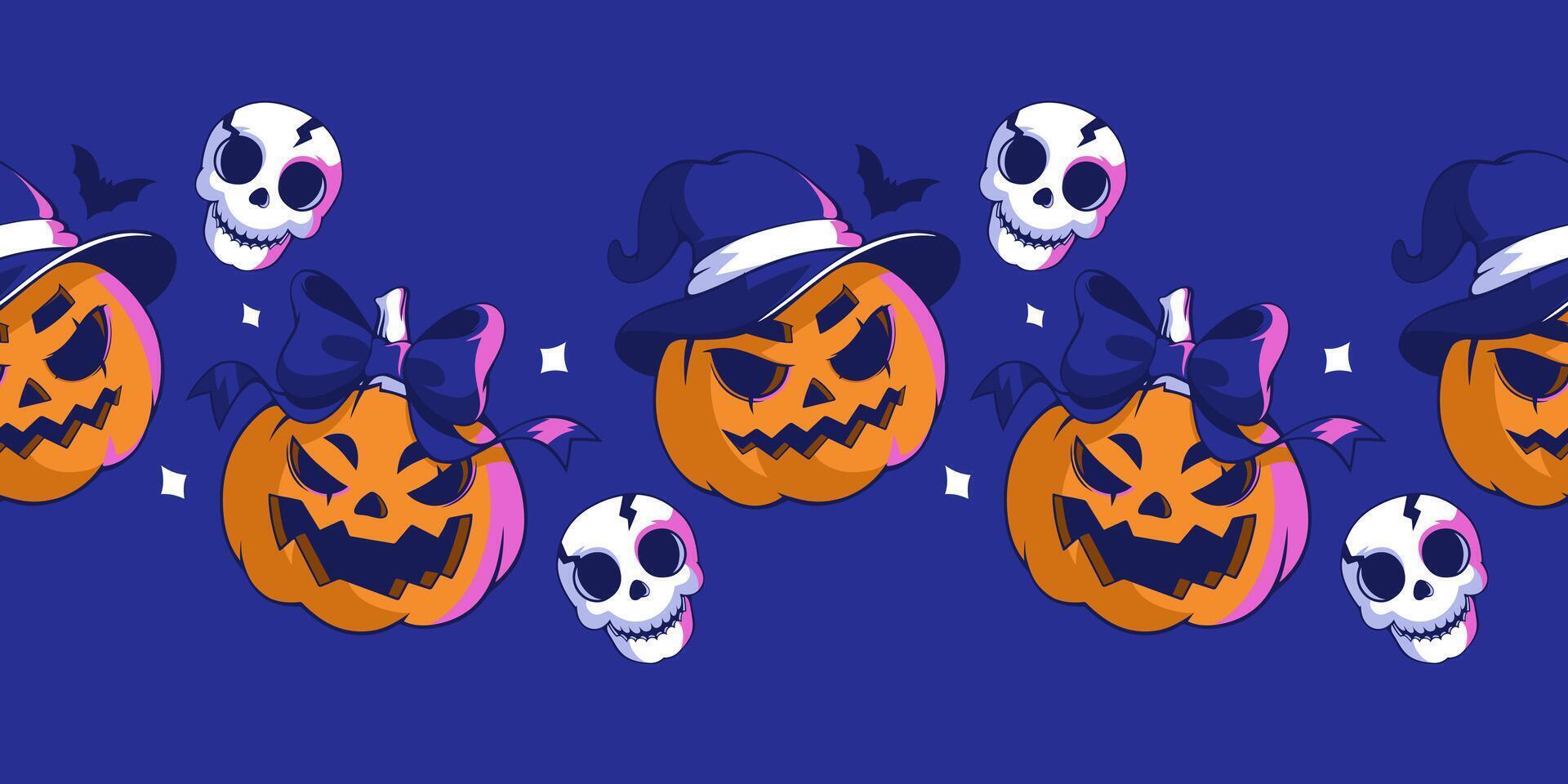 Seamless border with cute jack o lantern pumpkin monsters. Bow on head and witch hat. Festive background for Halloween. Repeating print. Spooky Ornaments Decoration vector
