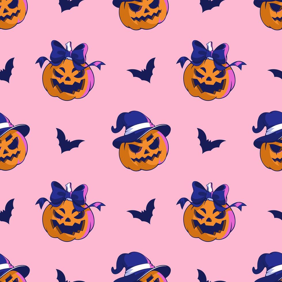 Seamless pattern with jack o lantern pumpkins monsters. Bow on head, witch hat vector