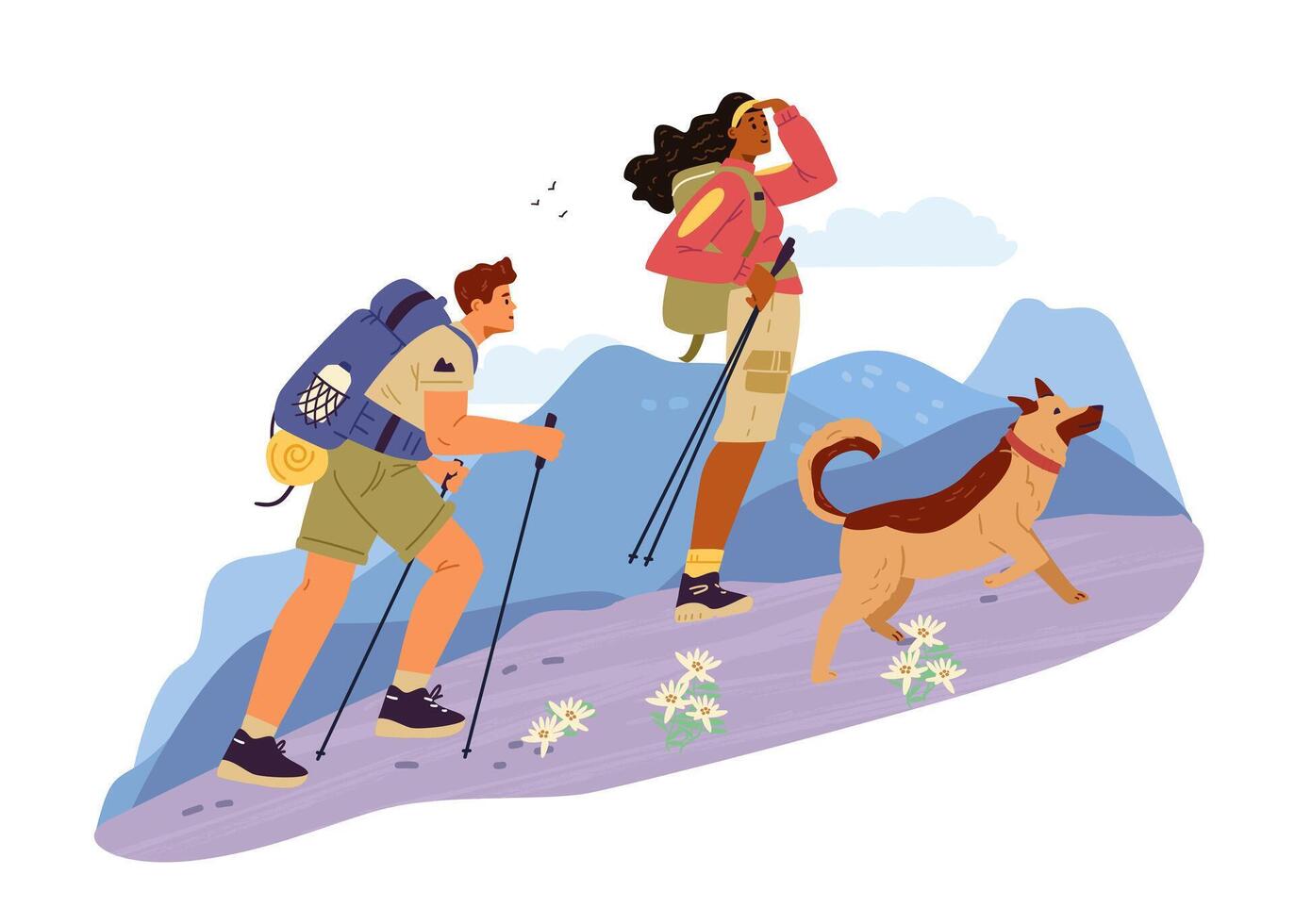 Multiracial couple with a dog hiking on the mountains flat illustration. A man and a woman traveling with backpacks and hiking poles. vector