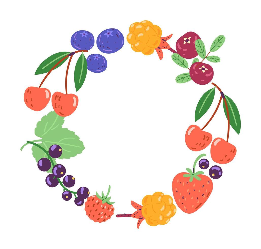 Decorative wreath from ripe berries and leaves illustration isolated on white. Cherry, blueberry, cranberry, strawberry, black currant, cloudberry. vector