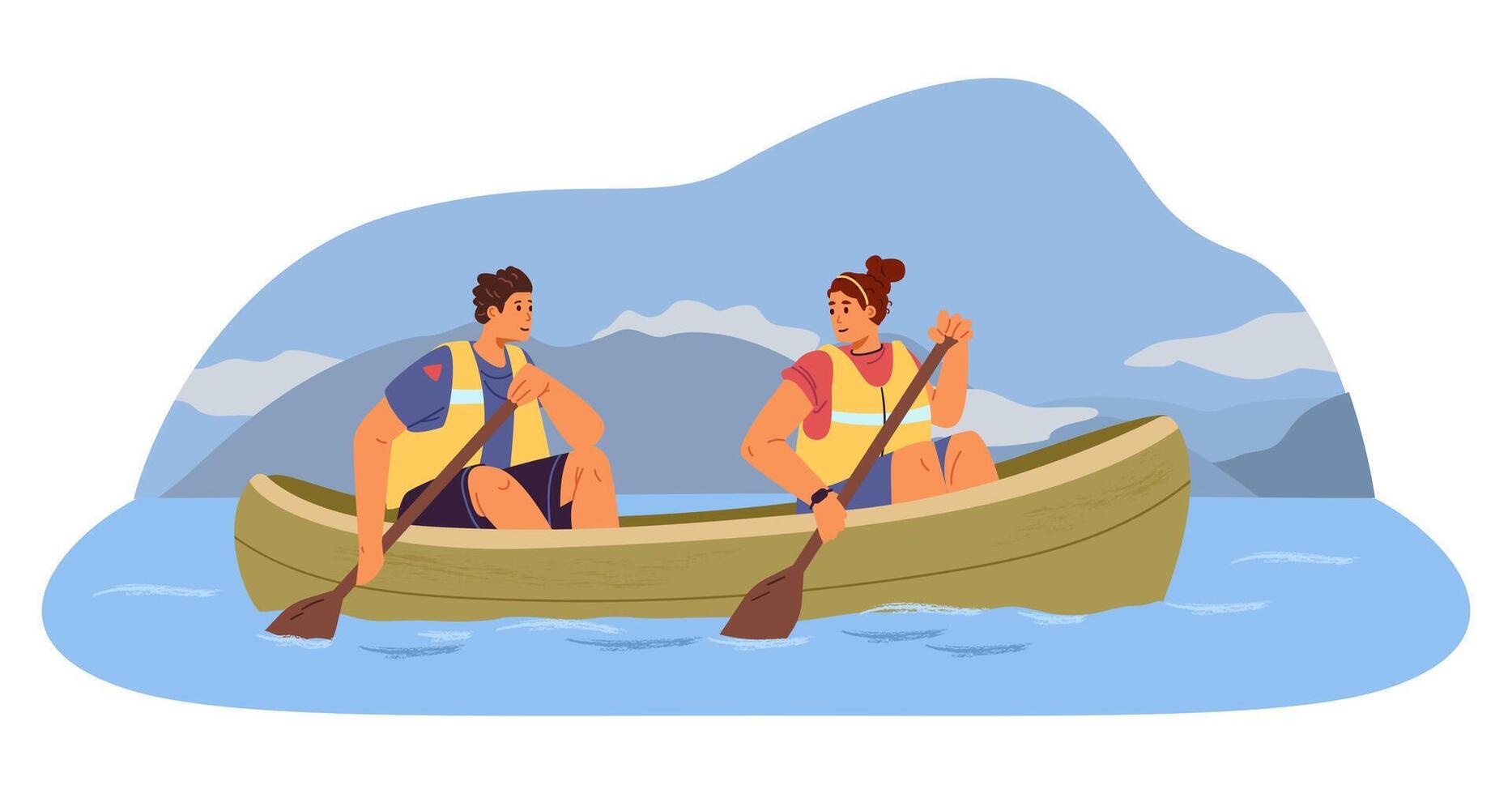 Couple wearing lifejackets canoeing on the lake with foggy mountains at the background flat illustration. vector