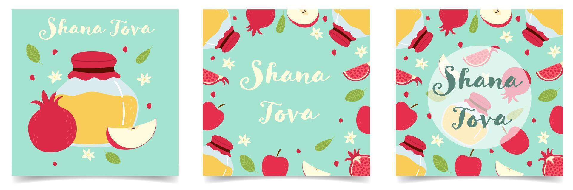 Rosh hashanah Jewish New Year greeting card, banner, post set with hand drawn flat pomegranate, apple and honey illustration. vector