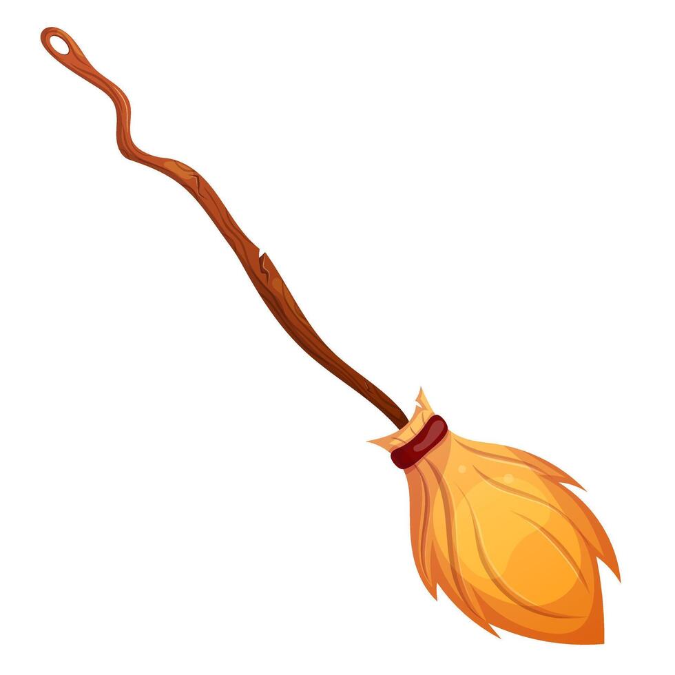 Cartoon witch broom. Halloween decoration element magic enchantress broomstick isolated on white. vector