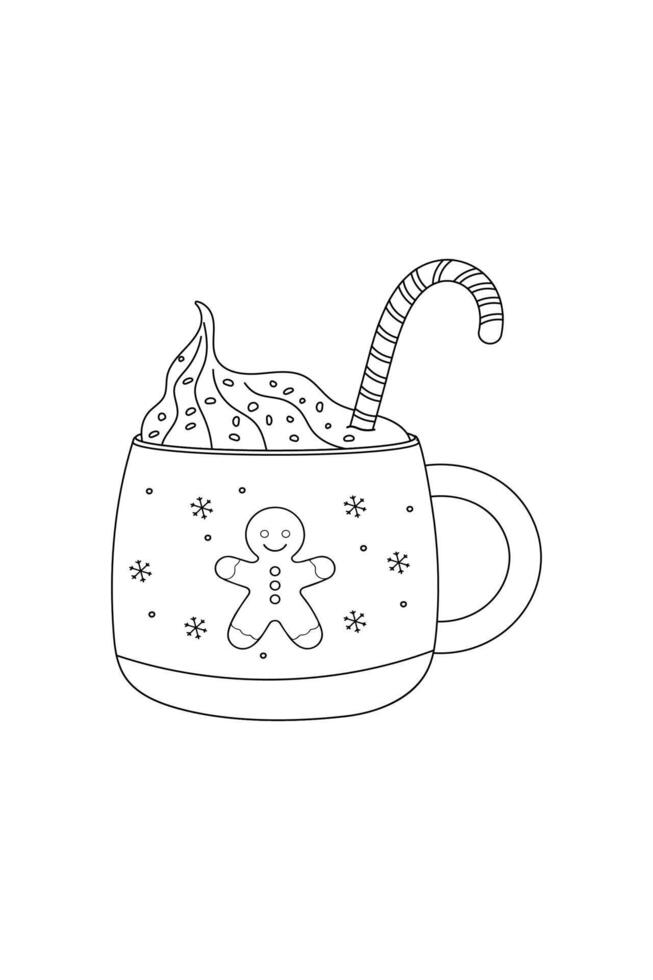 Simple coloring book, cocoa marshmallow, new year Christmas black and white, line drawing on white background. vector