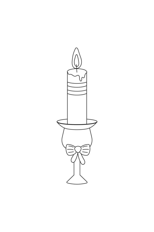 Simple coloring book, candle, new year Christmas black and white, line drawing on white background. vector