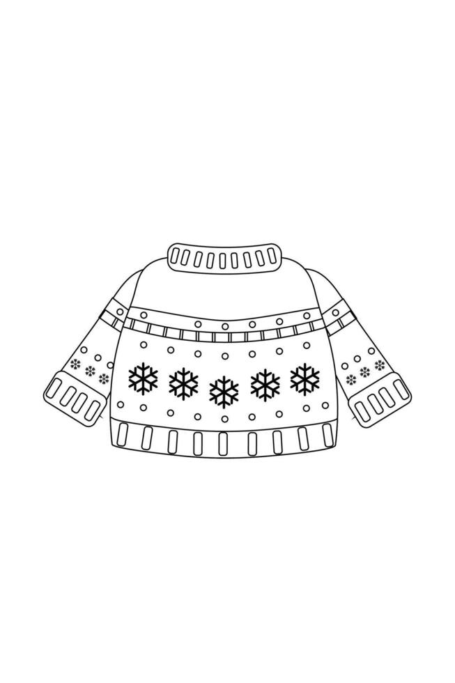 Simple coloring book, winter accessories, sweater, black and white, line drawing on white background. vector
