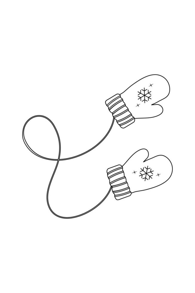 Simple coloring book, winter accessories, mittens , black and white, line art on a white background. vector