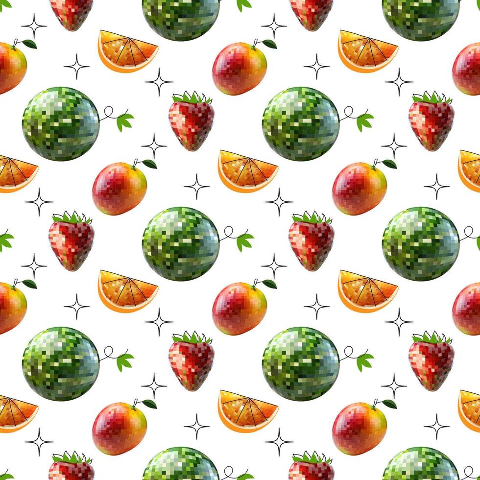 Seamless disco mirror ball template cherry, watermelon, banana apple mango. Mosaic style vector