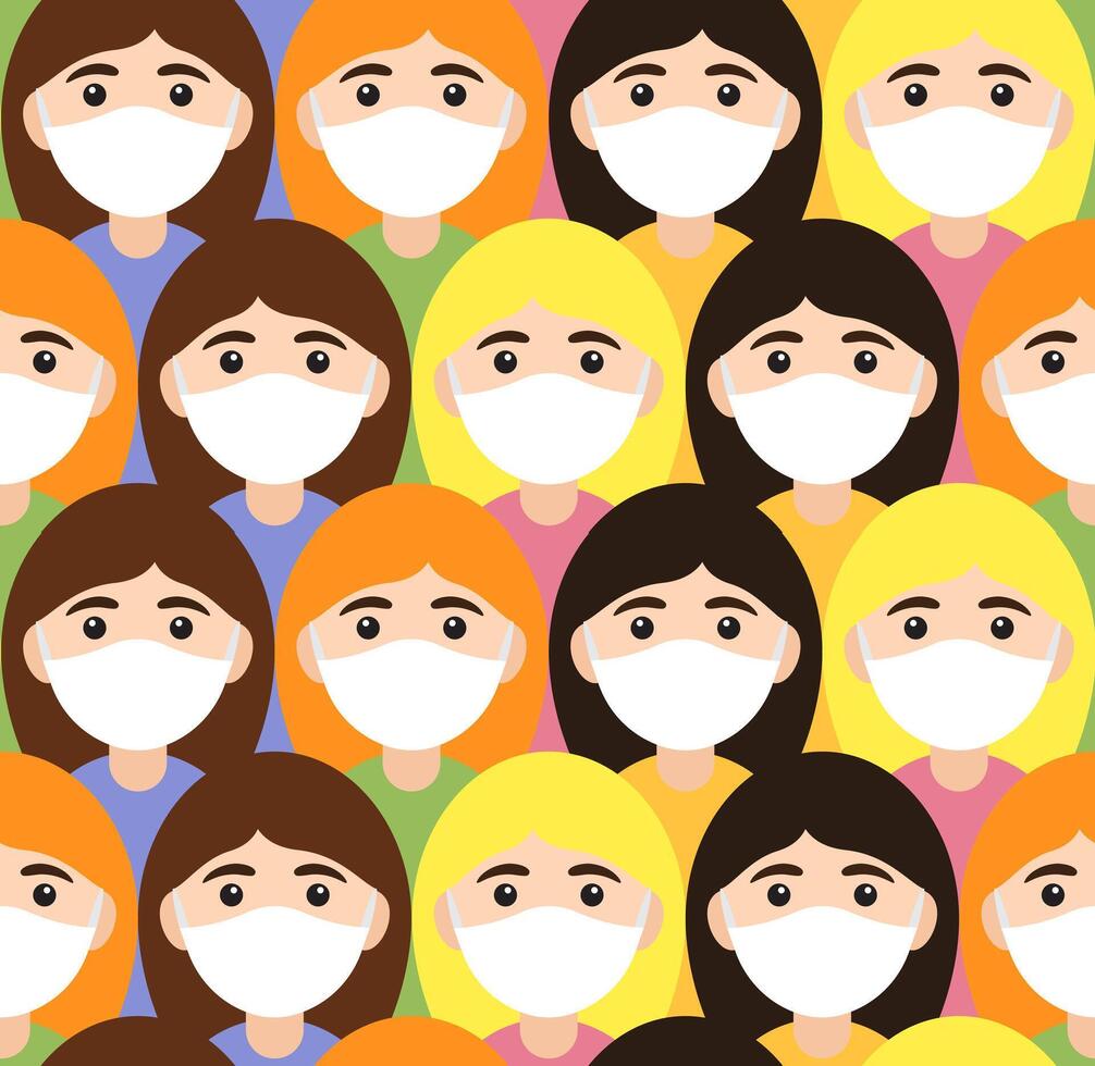 Seamless pattern of girl face in medic mask vector
