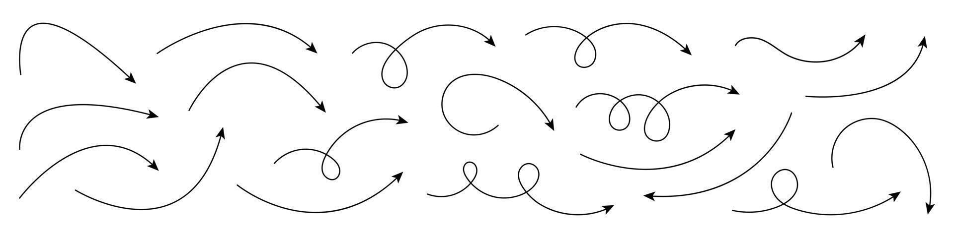 Collection of hand drawn curved arrows. vector