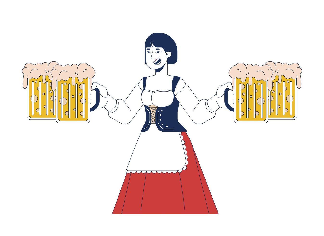 Happy asian waitress holding craft beer mugs 2D cartoon character. Korean female wearing dirndl at oktoberfest isolated person flat on white background. Spot illustration colorful vector